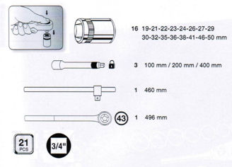 Mynd af Topplyklasett 3/4" m. framl.
